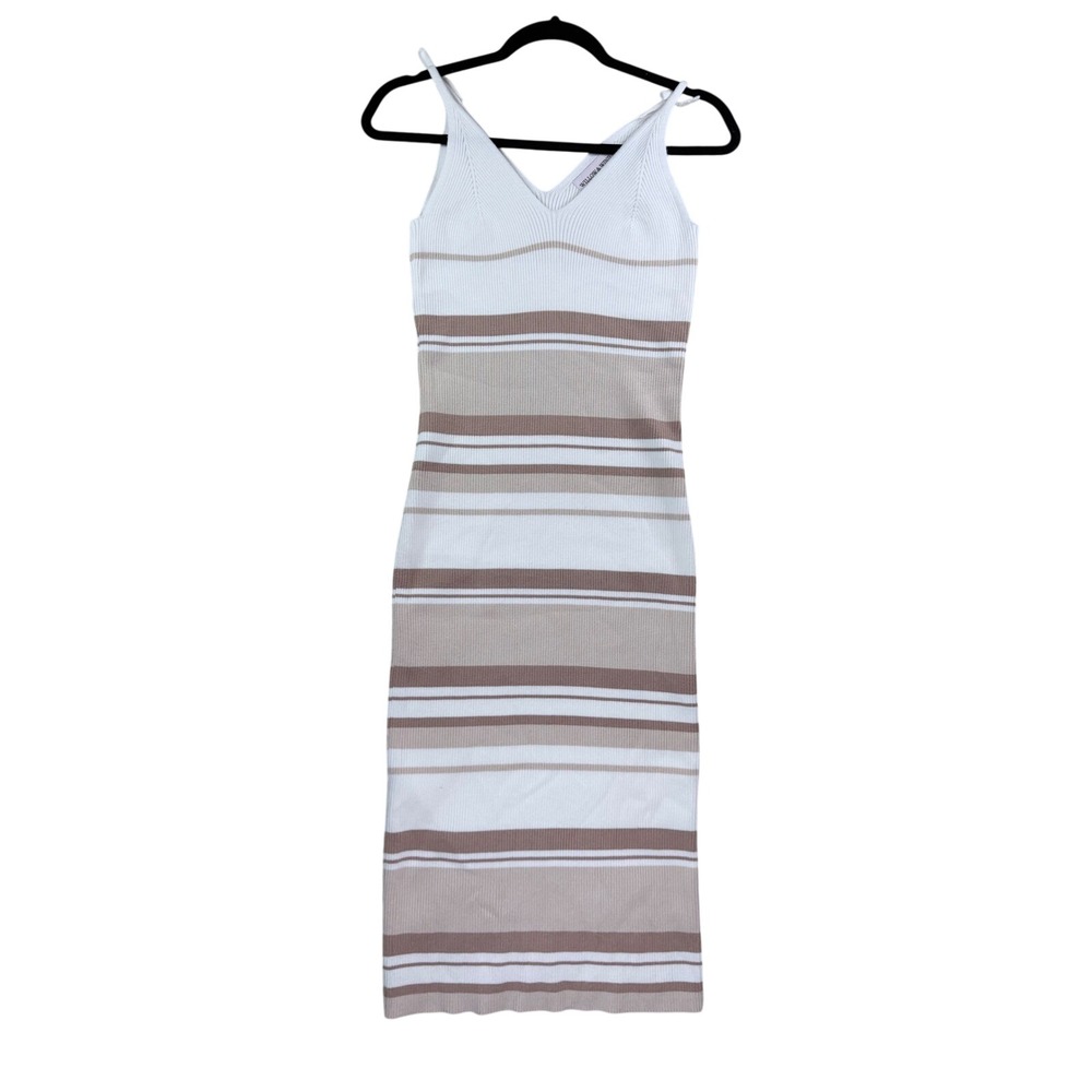 Womens Large Willow & Wind Midi Dress White Brown Striped Ribbed Knit Bodycon